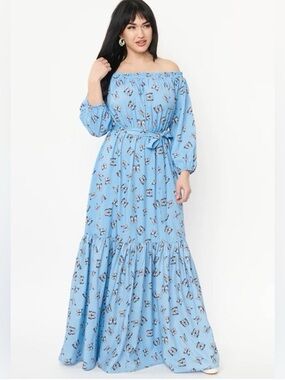 Unique Vintage Sweet Escape Blue Butterfly Maxi Dress Off Shoulder 1X